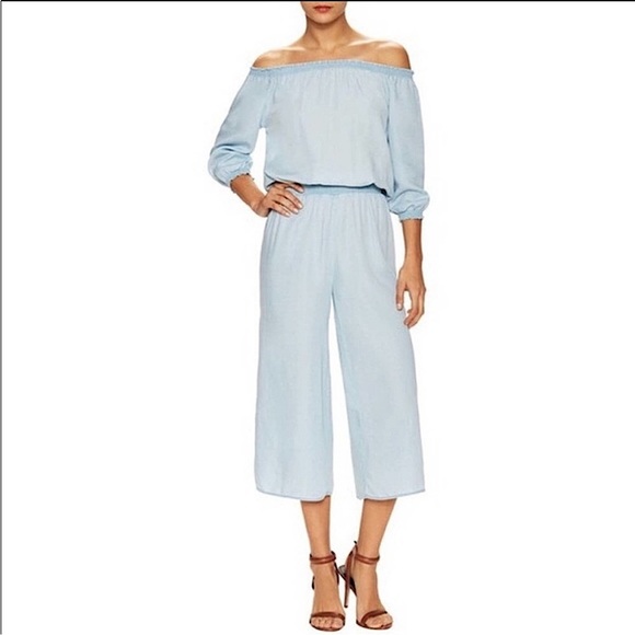 Walter Baker Kaiser Blue Light Wash Chambray Wide Leg Cropped Jumpsuit Medium - Picture 1 of 6